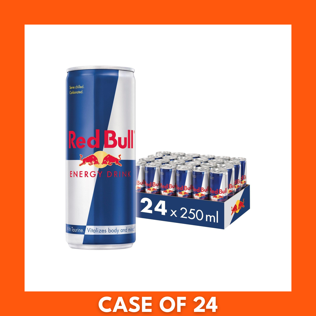 24-pack of Red Bull 250ml energy drink cans (EU version) in an open cardboard tray showing the blue-and-silver branded cans and Red Bull logo
