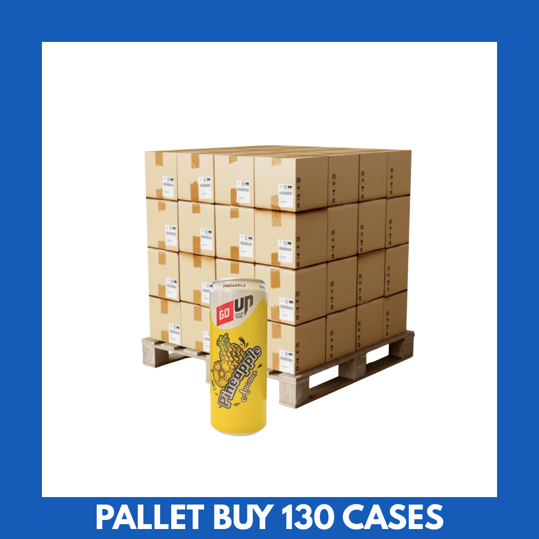 Go Up Pineapple 330ml cans stacked in a 24-pack case