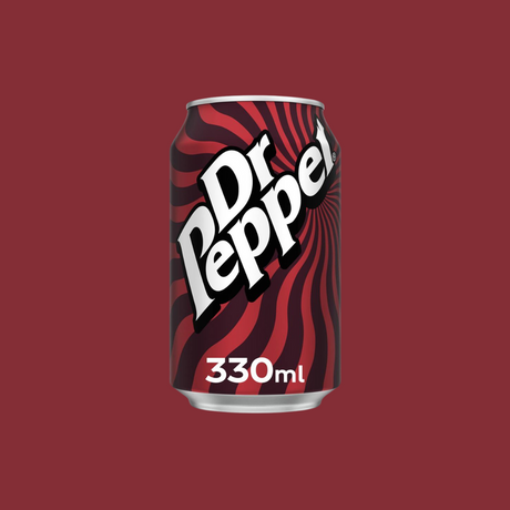 Row of 24 Dr Pepper cans stacked on a shelf