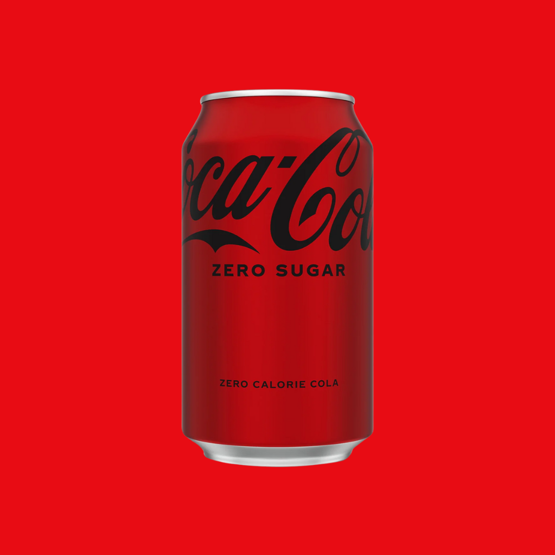 Stack of 24 Coca-Cola Zero cans arranged on a metal shelf