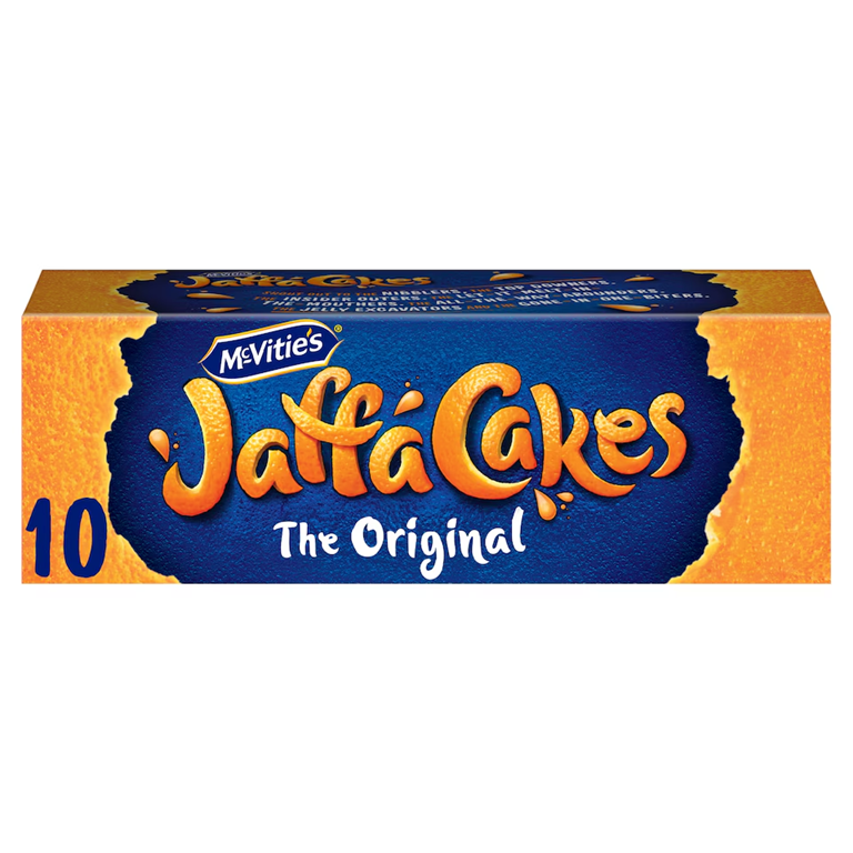 Box of 10 McVities Jaffa Cake snacks beside stacked cakes highlighting chocolate coating and orange jelly layer