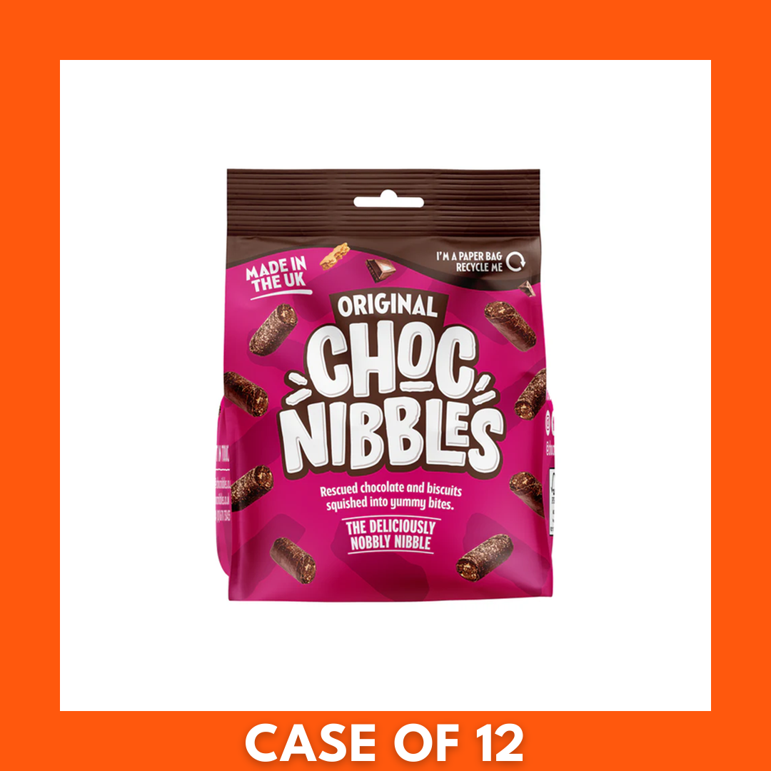 Case of 12 Chocolate Nibbles Original 135g packs neatly arranged in a cardboard box, front-facing packaging showing the product name for bulk purchase