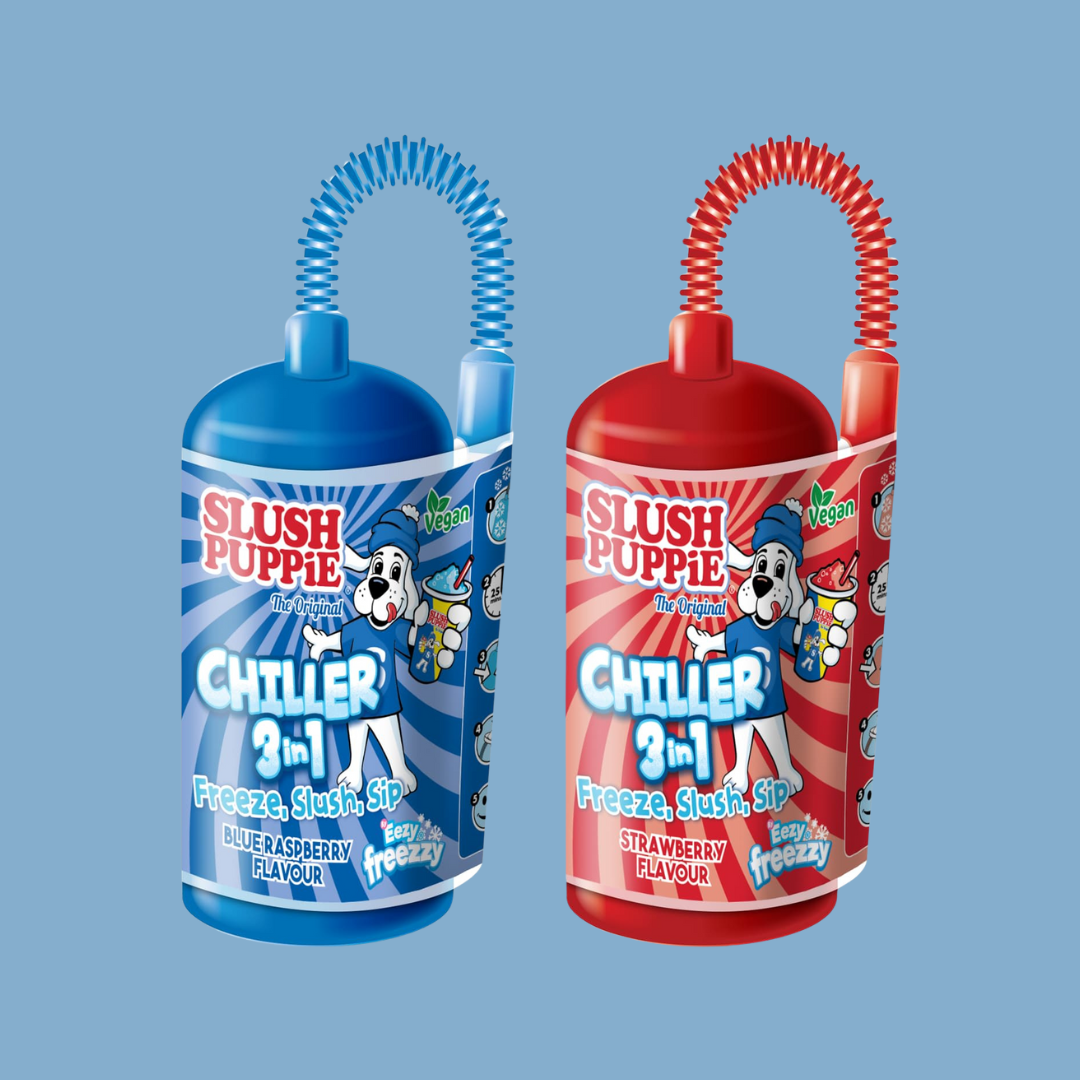 Hand holding a Slush Puppie syrup pouch next to a slush machine