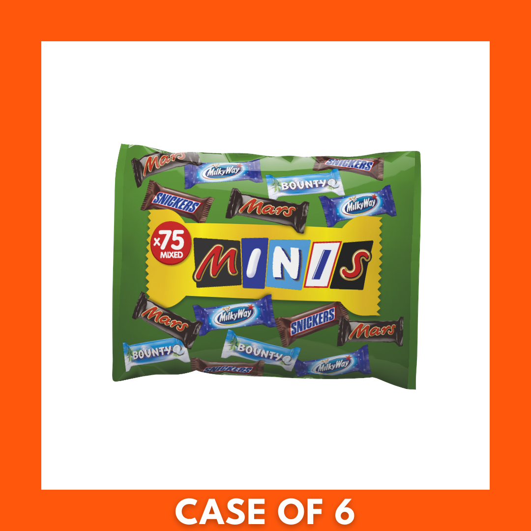 1500 g party bag of Mars Minis — 75 mini chocolate bars including Mars, Milky Way, Snickers, Bounty and Twix arranged in a mixed pile