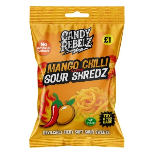 CandyRebelz Mango Chilli Sour Shredz 10 x 120g multipack with vibrant mango-and-chilli graphics on sachets and visible tangy shredded sour candy inside.