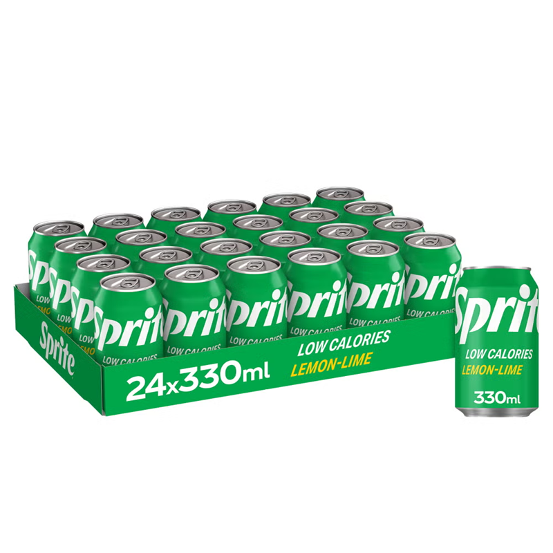 Open box of 24 Sprite 330ml cans with condensation on the chilled green cans and lemon and lime imagery