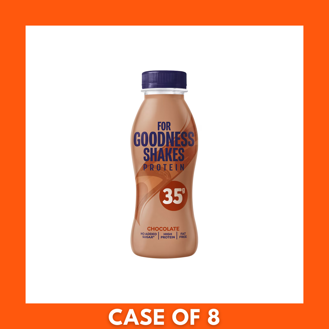 Boxed 8-pack of For Goodness Shakes Chocolate 330ml bottles showing the product branding and chocolate-colored labels