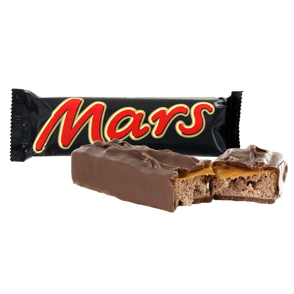Twenty-four Mars Bars neatly arranged in a snack display