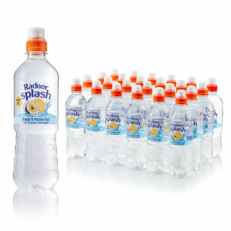 A single bottle of Radnor Splash Orange & Passionfruit with eco-friendly packaging.
