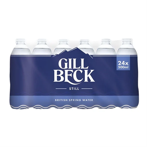 Close-up of a single 500ml GillBeck Natural Spring Water bottle with label and screw cap, sold as part of a 24-bottle multipack