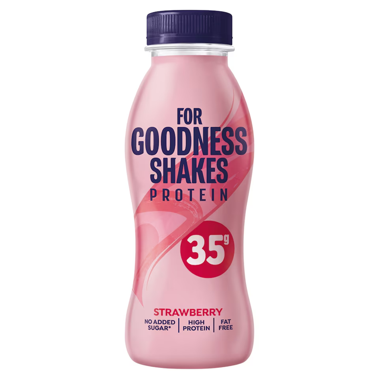 Pack of eight For Goodness Shakes Strawberry 330ml bottles arranged side-by-side, showing strawberry-flavored milkshake packaging and product name