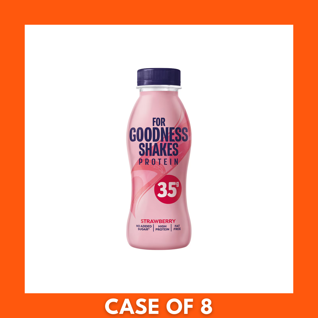 For Goodness Shakes Strawberry 330ml — pack of 8 ready-to-drink strawberry milkshake bottles with branded labels and white caps