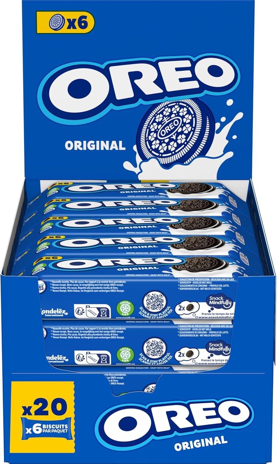 Twenty 66g single-serve Oreo Original snack packs fanned out (multipack 20 x 66g), highlighting blue packaging, Oreo logo and chocolate sandwich cookies with white cream filling.