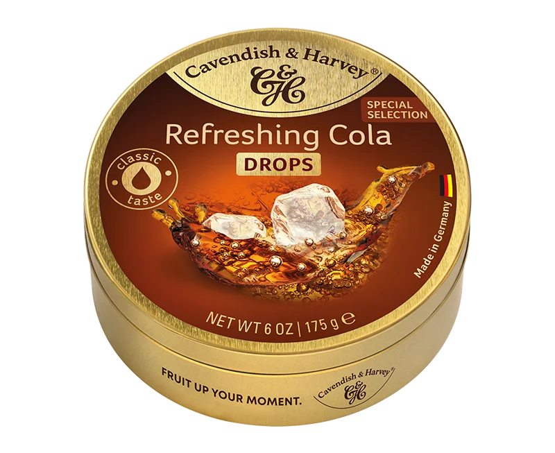 175g pack of Cavendish & Harvey Hard Candy Drops, Refreshing Cola — sealed package showing brand and flavor label