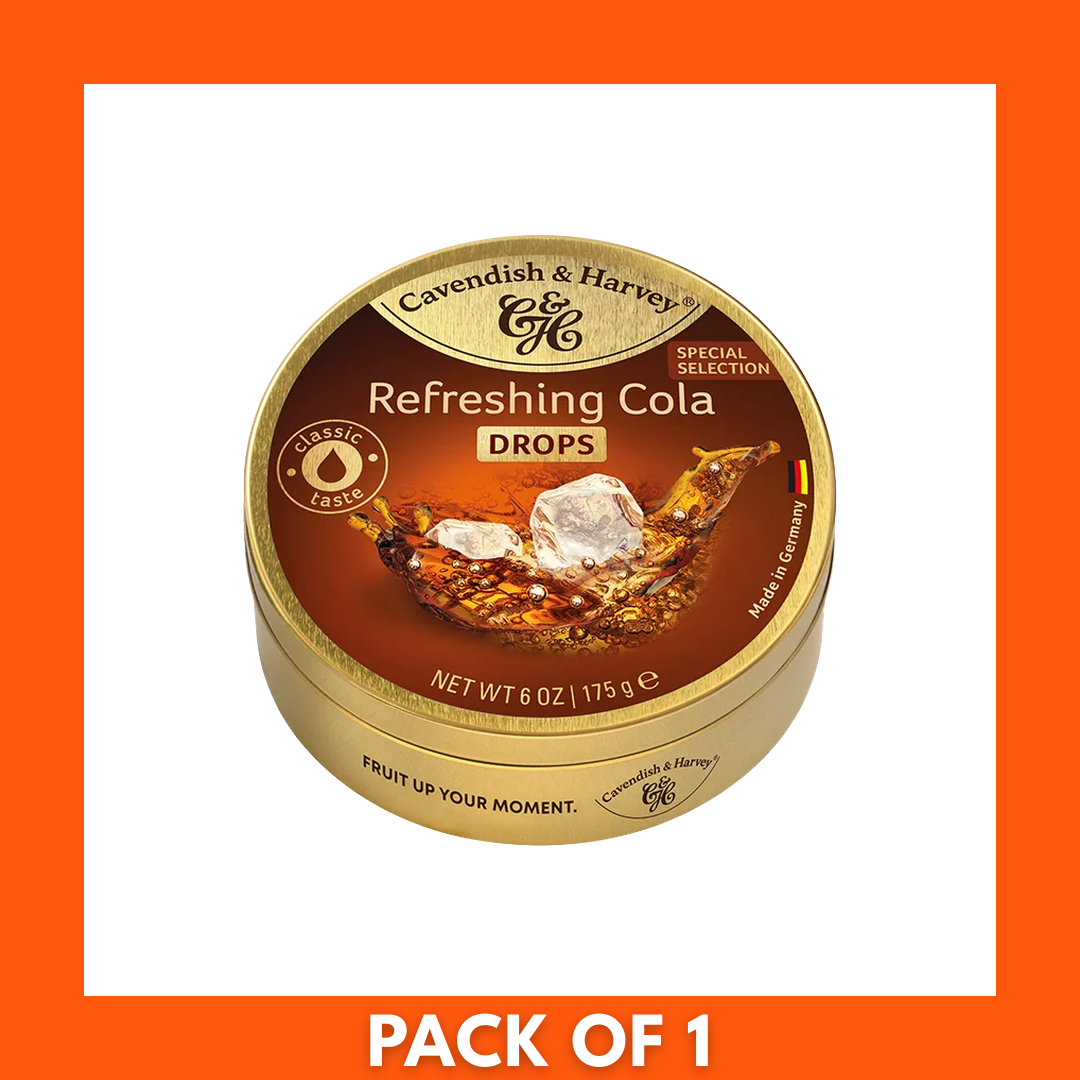 Cavendish & Harvey Hard Candy Drops Refreshing Cola — 175g pack with brand name and flavor on the packaging