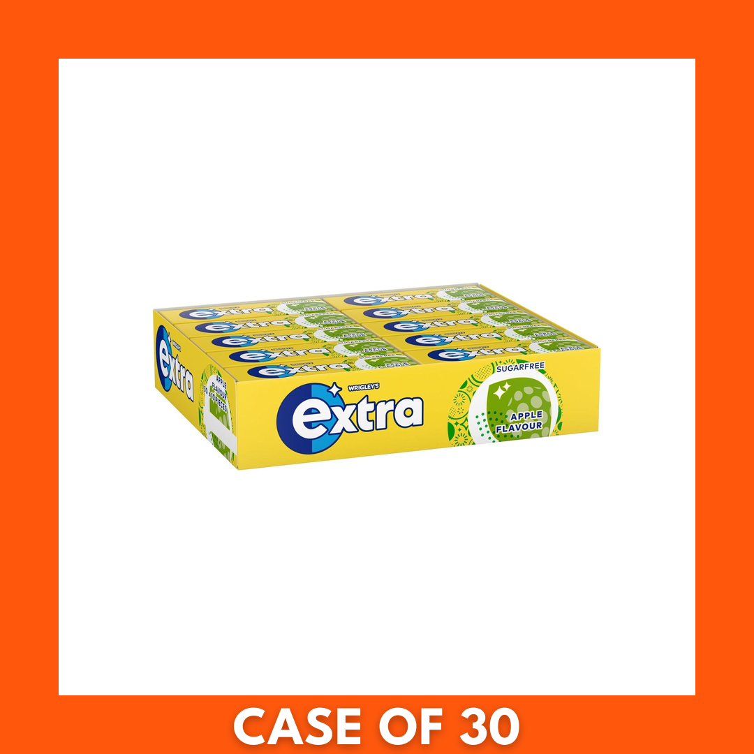 Bulk box of Extra Apple chewing gum — 30 individual packs with 10 pieces each, apple-flavored gum in branded packaging