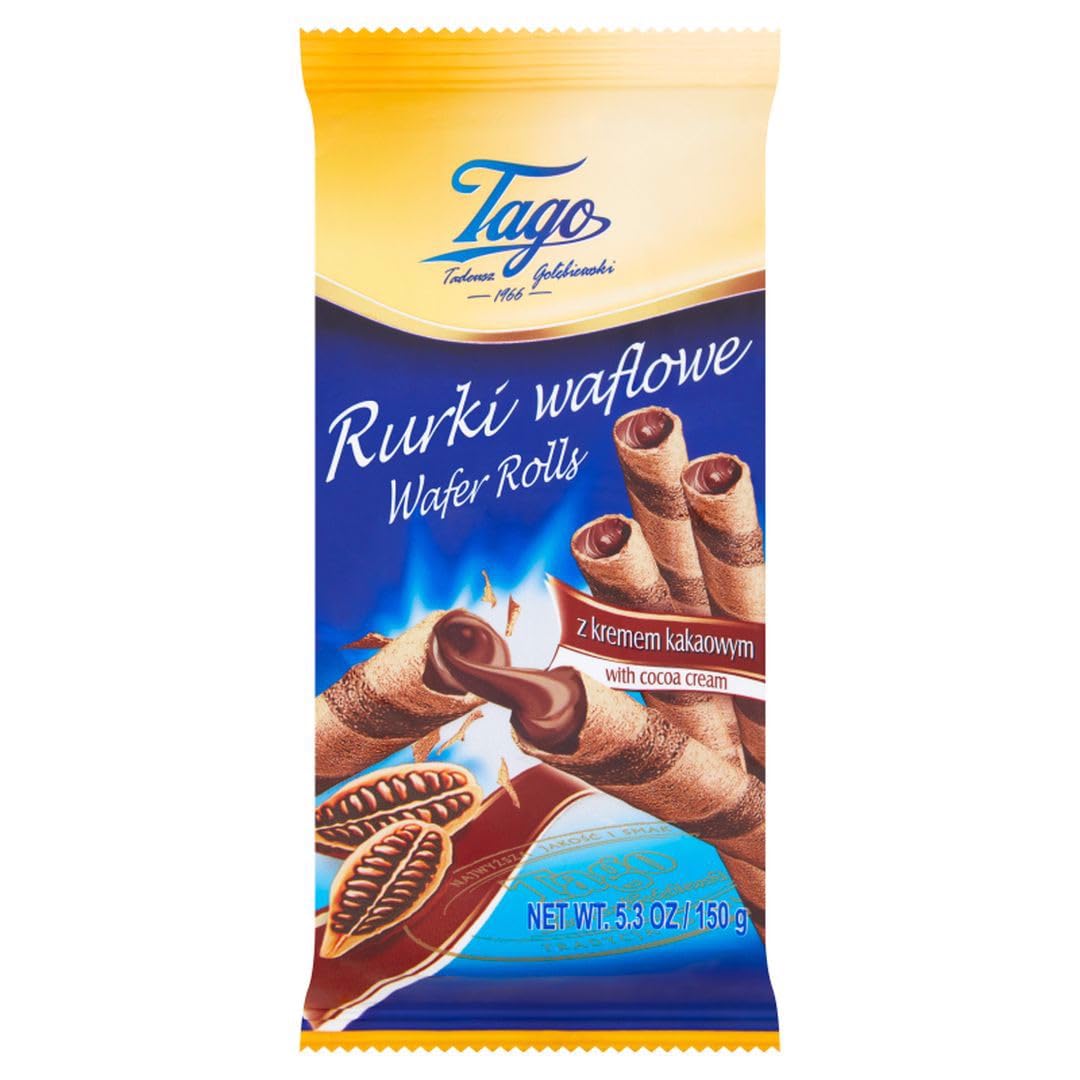 Front-facing Tago 150g chocolate wafers package with visible nutrition label and cross-section of crunchy wafer layers