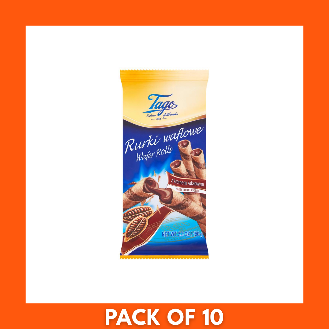 Close-up of Tago 150g chocolate wafers pack showing stacked crisp wafer bars layered with milk chocolate