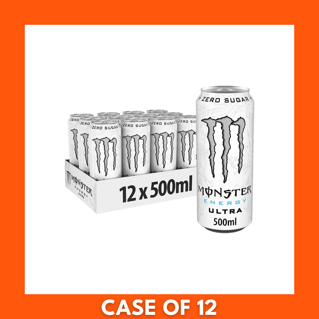Pack of 12 Monster Ultra White energy drink cans, 500ml each — slim white cans with silver Monster claw logo and 'Zero Sugar' label