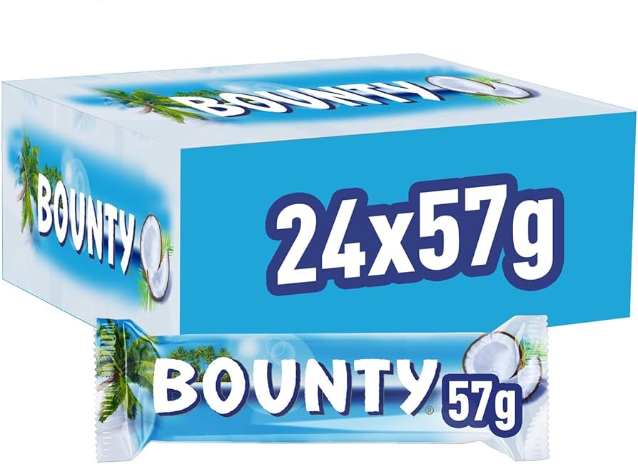 Close-up of a Bounty bar split to show white coconut filling alongside the 24 x 57g multi-pack box