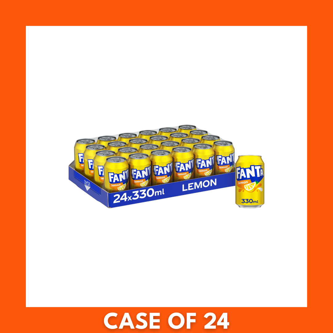 Box of 24 Fanta Lemon 330ml cans (GB) showing bright yellow packaging with Fanta logo and lemon image