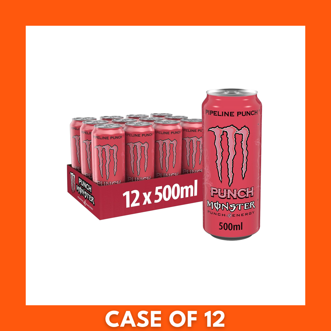 Twelve-pack of Monster Pipeline Punch 500ml energy drink cans in a cardboard tray, showing tropical-themed artwork and the Monster claw logo