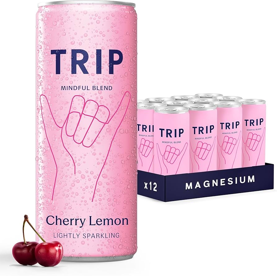 Pack of 12 TRIP Mind Cherry Lemon 250ml cans, stacked box showing cherries and lemons with vibrant brand packaging