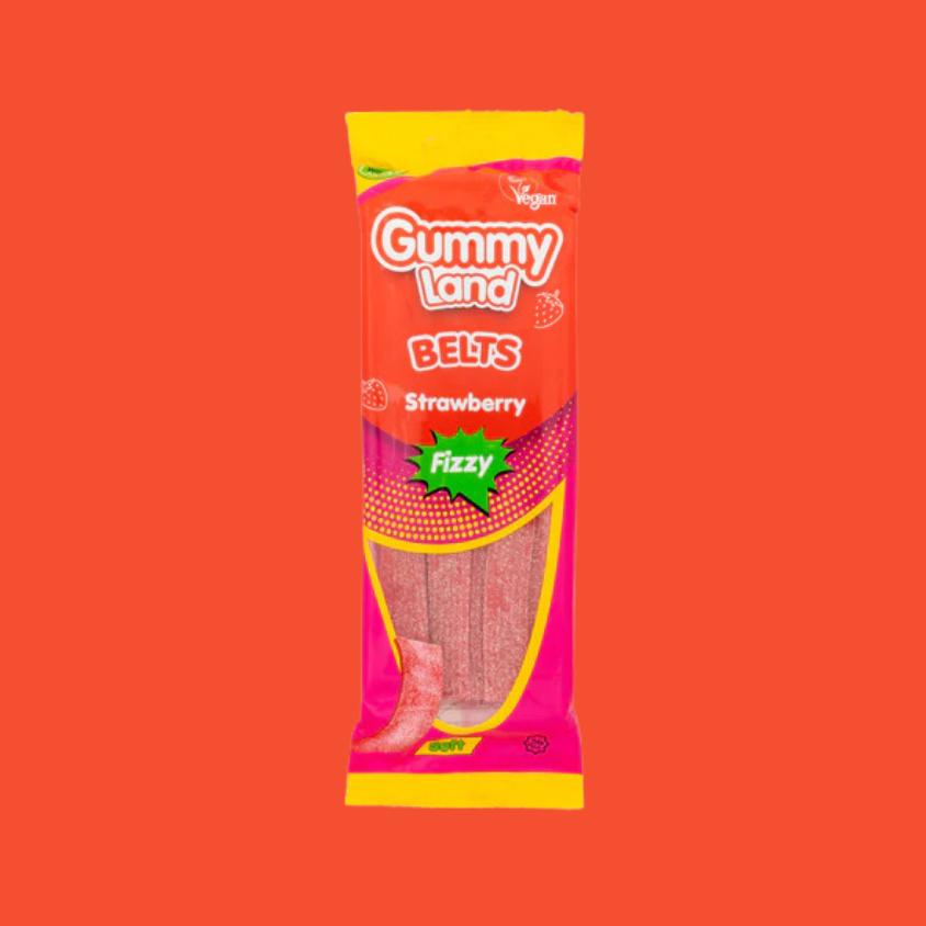Gummy Land Strawberry Fizzy Belts Sweets 150g x 12
