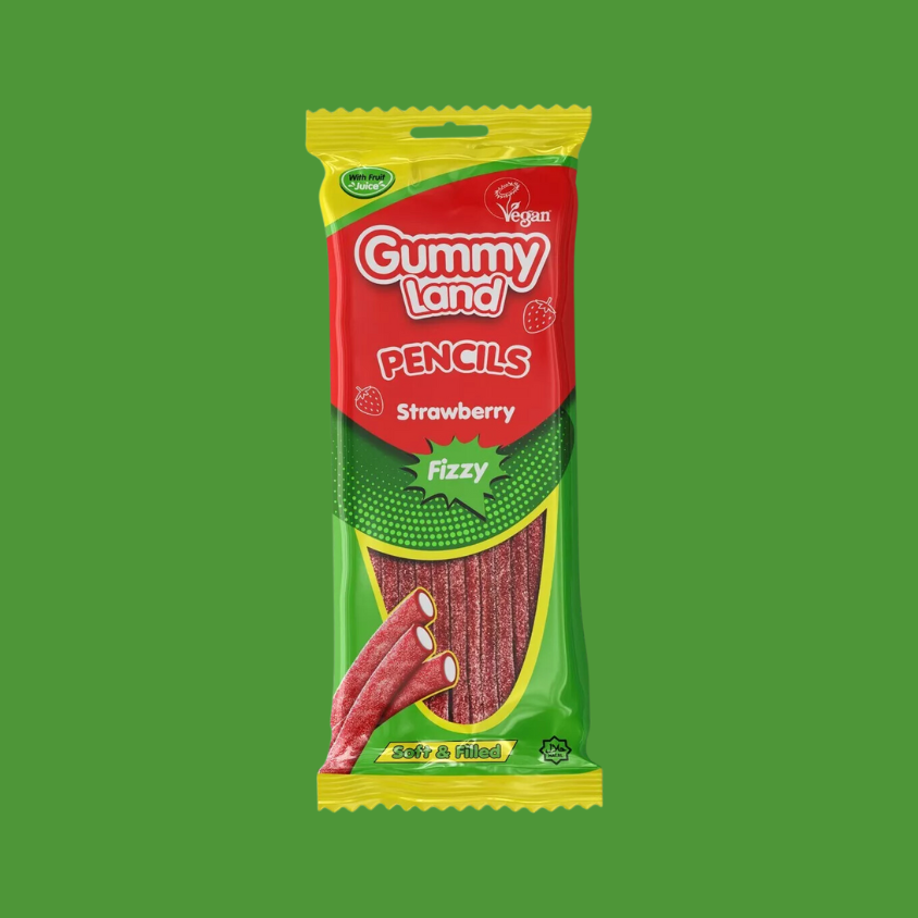 Gummy Land Strawberry Fizzy Pencils Sweets 150g x 12