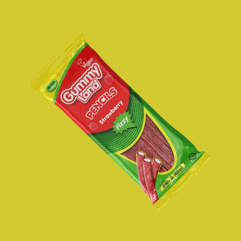 Gummy Land Strawberry Fizzy Pencils Sweets 150g x 12
