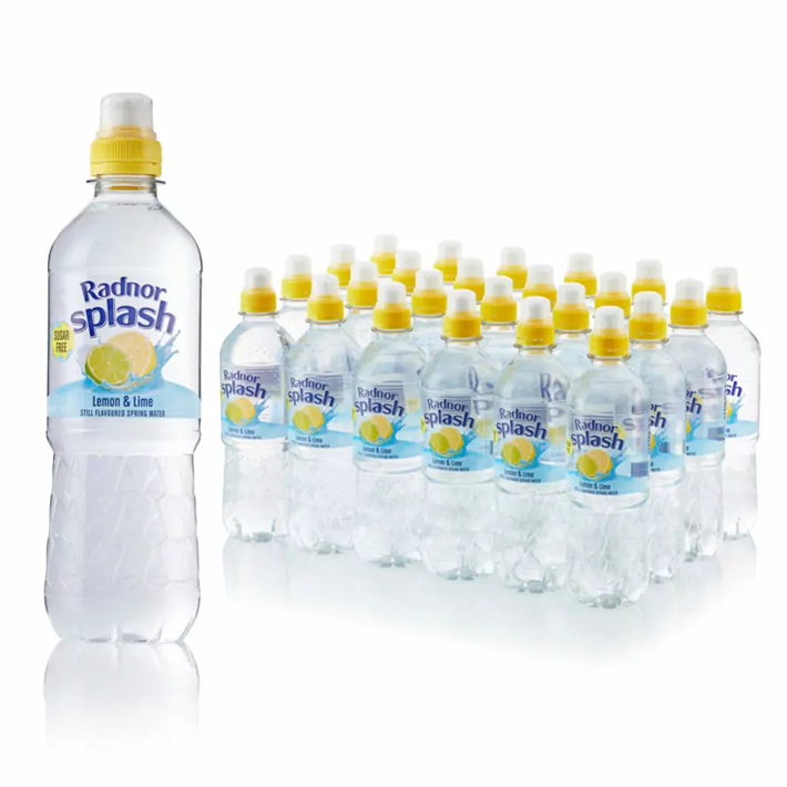 A bottle of Radnor Splash Lemon & Lime with a bright and refreshing label.