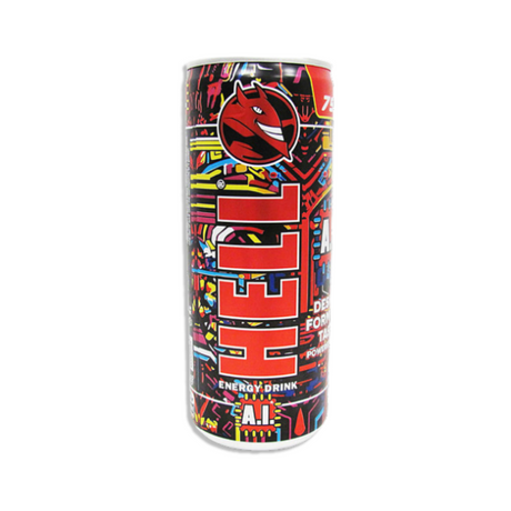 Close-up of Hell Energy Drink A.I can with bold design