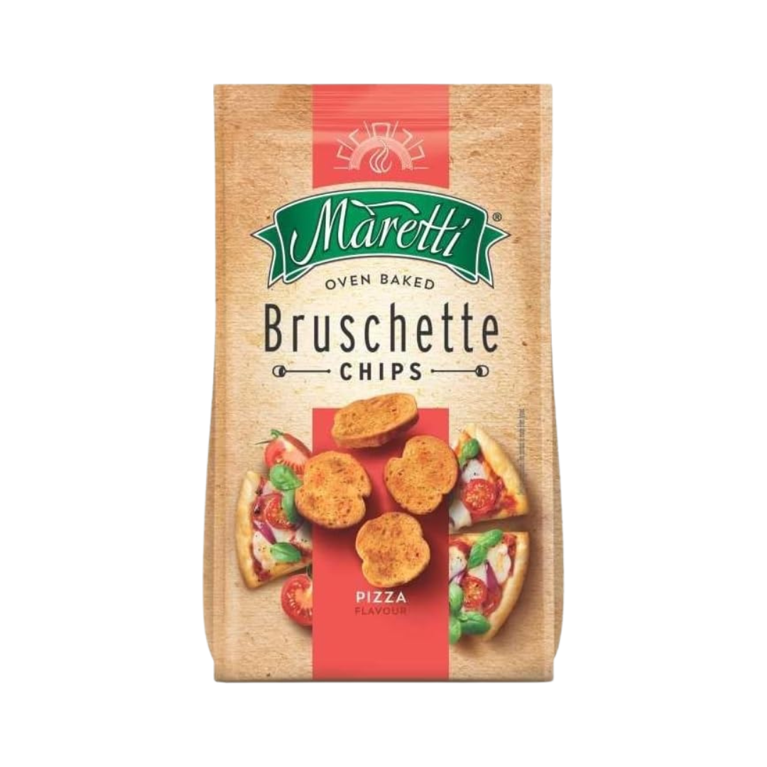 Close-up of Maretti pizza-flavoured bruschette chips