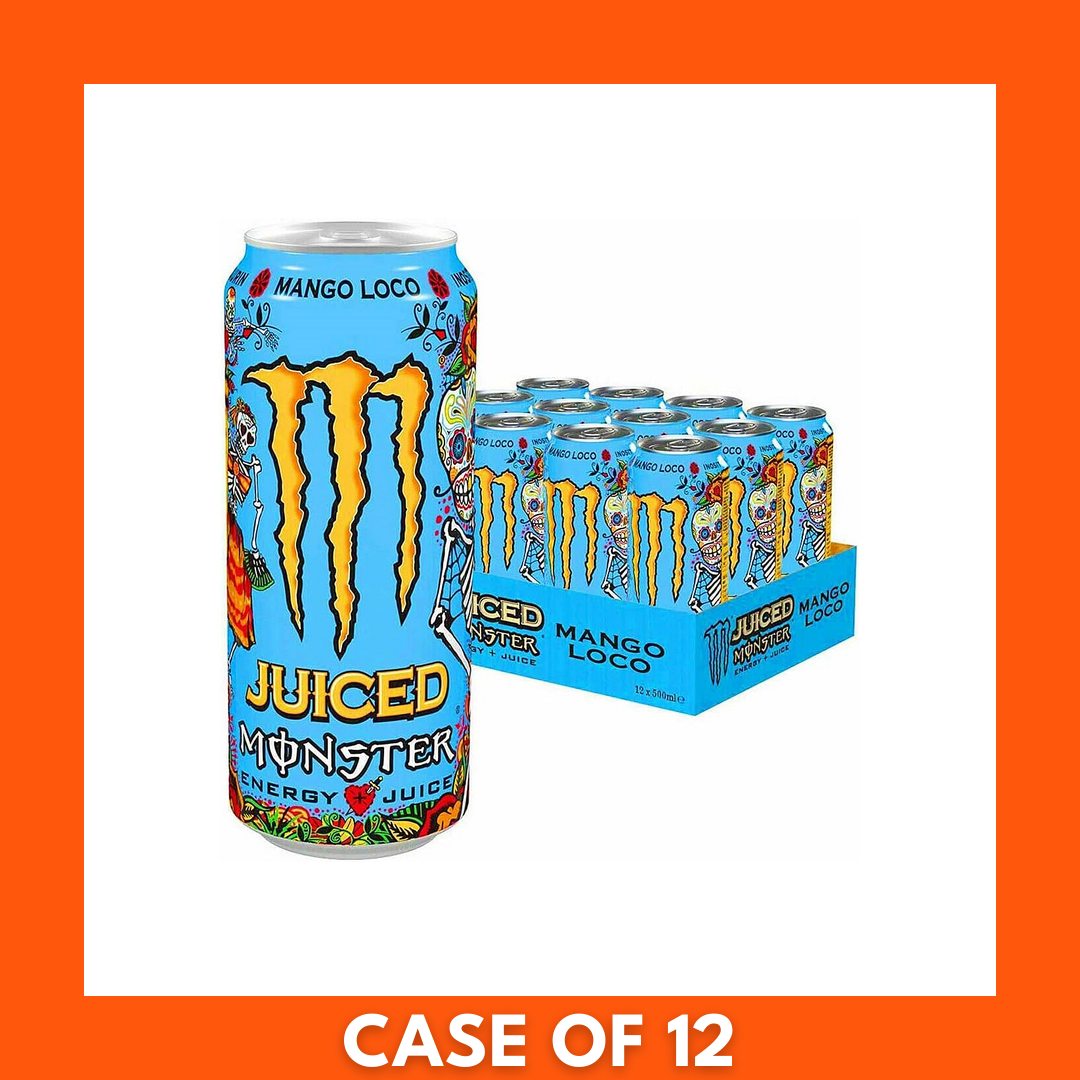 Pack of 12 Monster Mango Loco 500ml cans in a cardboard case showing the Monster logo and mango flavored energy drink