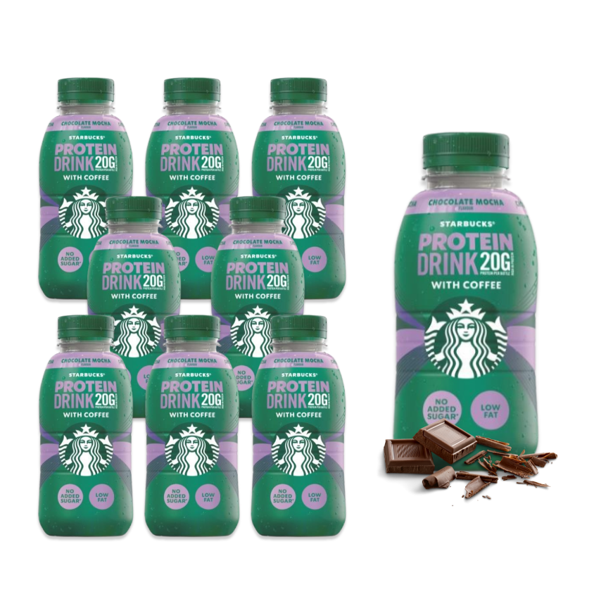 A case of eight Starbucks Protein Drink 20g with Coffee bottles, featuring a Chocolate Mocha flavor, alongside a representation of a chocolate bar.