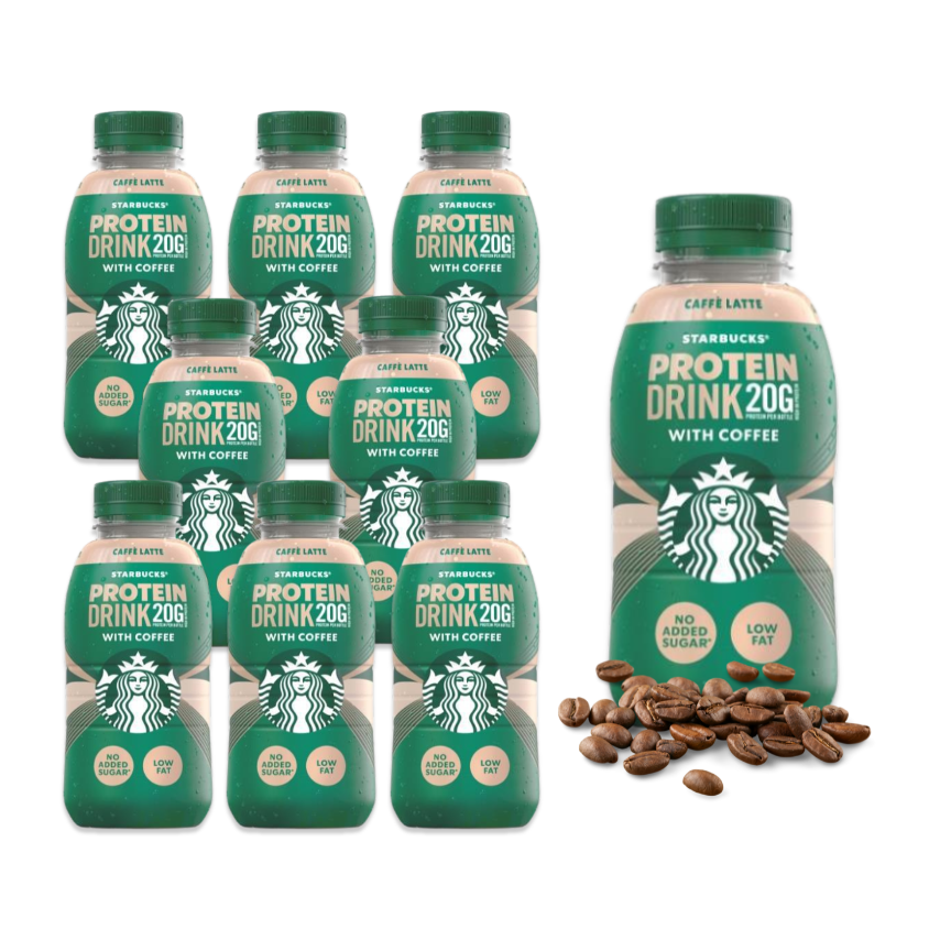A set of eight Starbucks Protein Drink 200g bottles with coffee, arranged in two rows of four, alongside a cup of coffee beans.