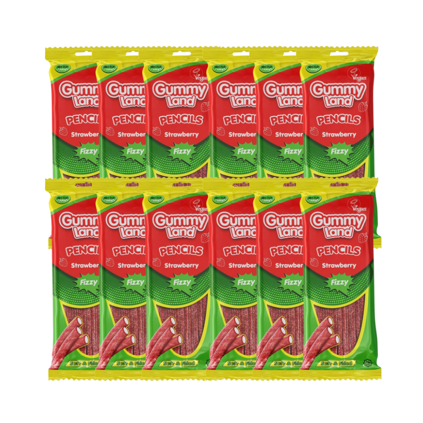 Gummy Land Strawberry Fizzy Pencils Sweets 150g x 12
