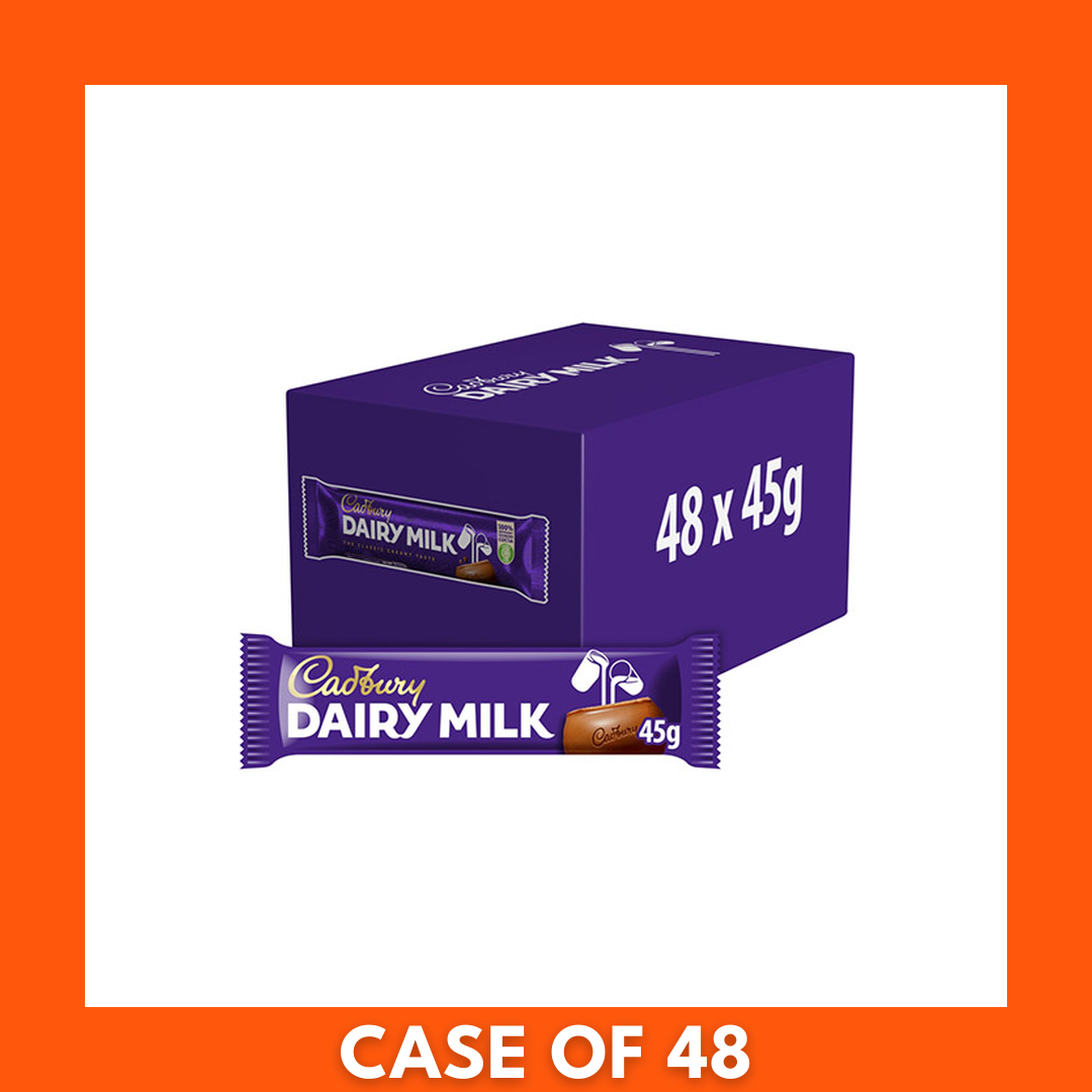 Cadbury Dairy Milk multipack carton showing 48 individually wrapped 45g bars in purple packaging with prominent Dairy Milk logo and milk chocolate squares image