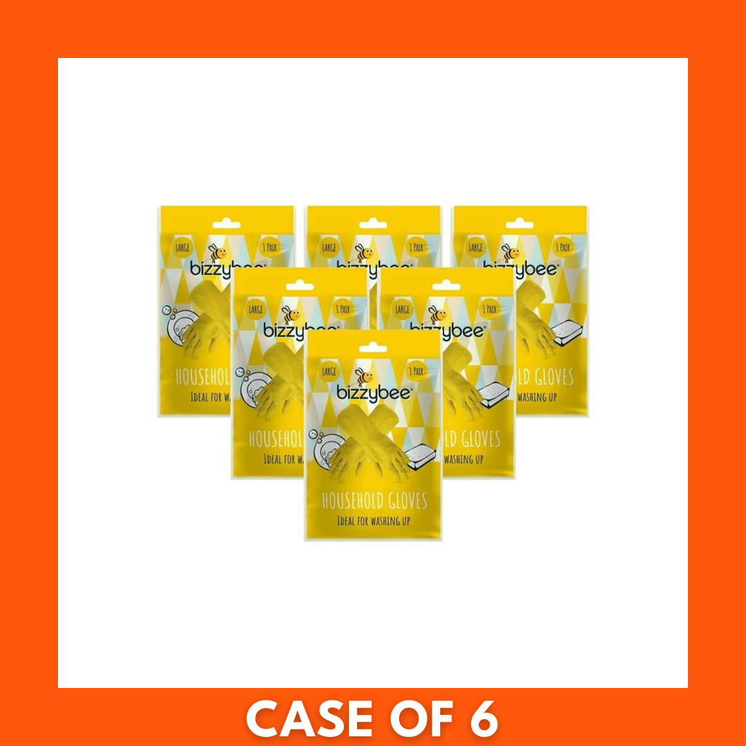 Pack of six pairs of Bizzybee Household Gloves, Large — reusable household cleaning gloves sold as a 6-pair set for dishwashing and general home chores, shown in retail packaging.
