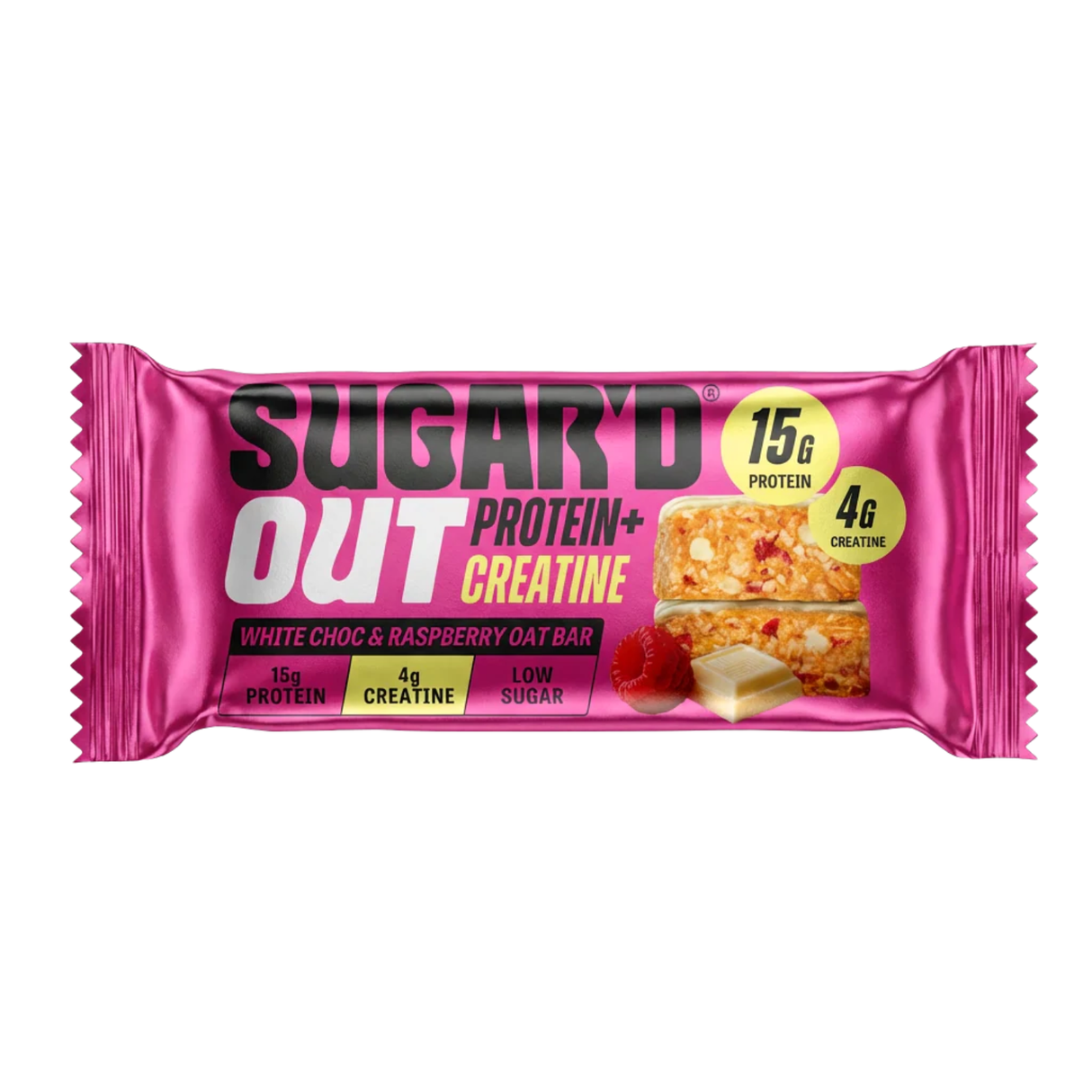 Unwrapped Sugar'D Out White Choc Raspberry Protein + Creatine Oat Bar, 68g white chocolate-coated oat bar sliced to show raspberry swirl and oat base, labeled high-protein snack with added creatine