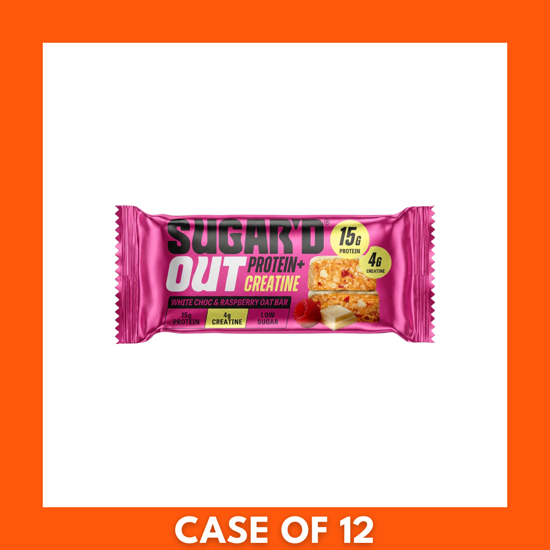 Branded box of 12 Sugar'D Out White Choc Raspberry Protein + Creatine Oat Bars (12 x 68g), front pack art showing white chocolate-coated oat bars with raspberry accents and protein + creatine branding