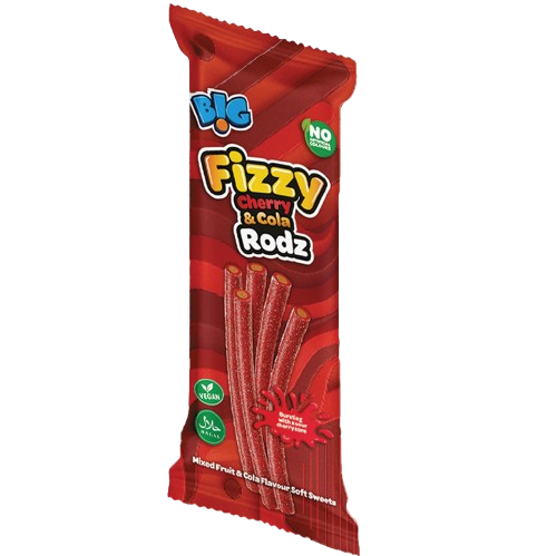 Front product image of Big Juicy Cherry & Cola Liquorice Rodz multipack (10 x 150g): cherry and cola flavoured liquorice rod sweets in individual 150g bags