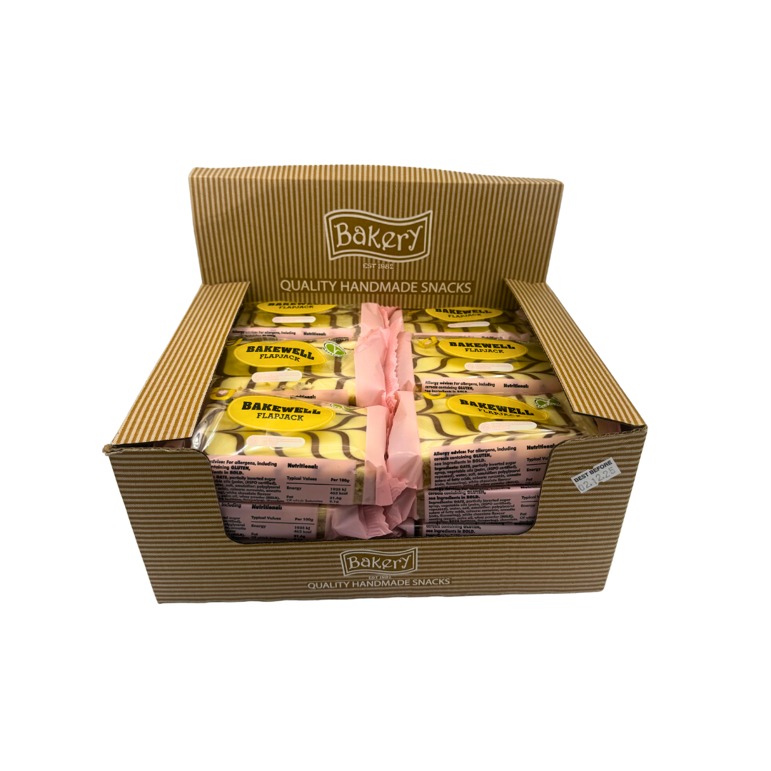 Single RJ Bakewell Flapjack unwrapped showing cherry pieces and icing