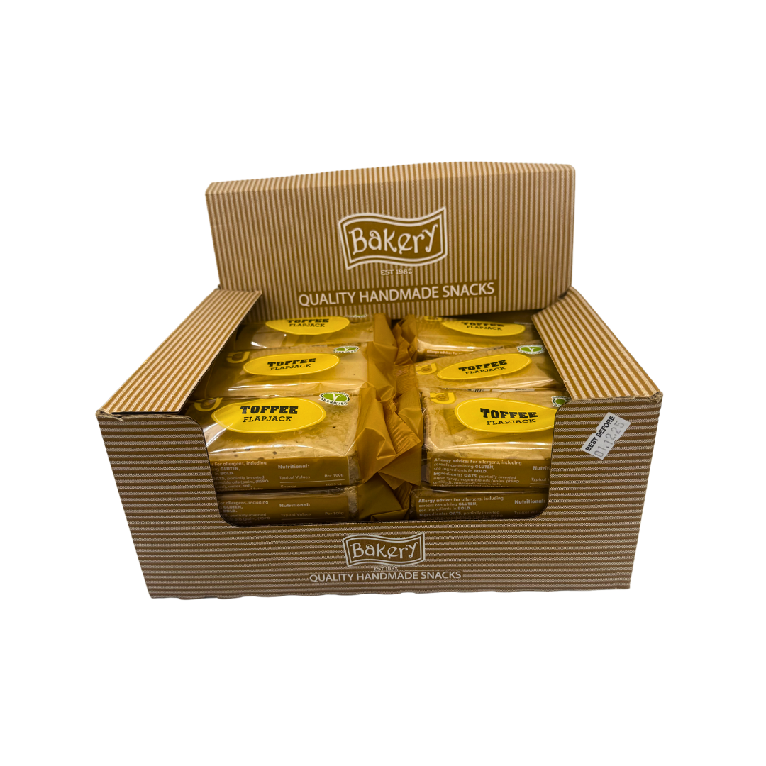 Single RJ Toffee Flapjack 125g unwrapped showing glossy toffee layer over oat base