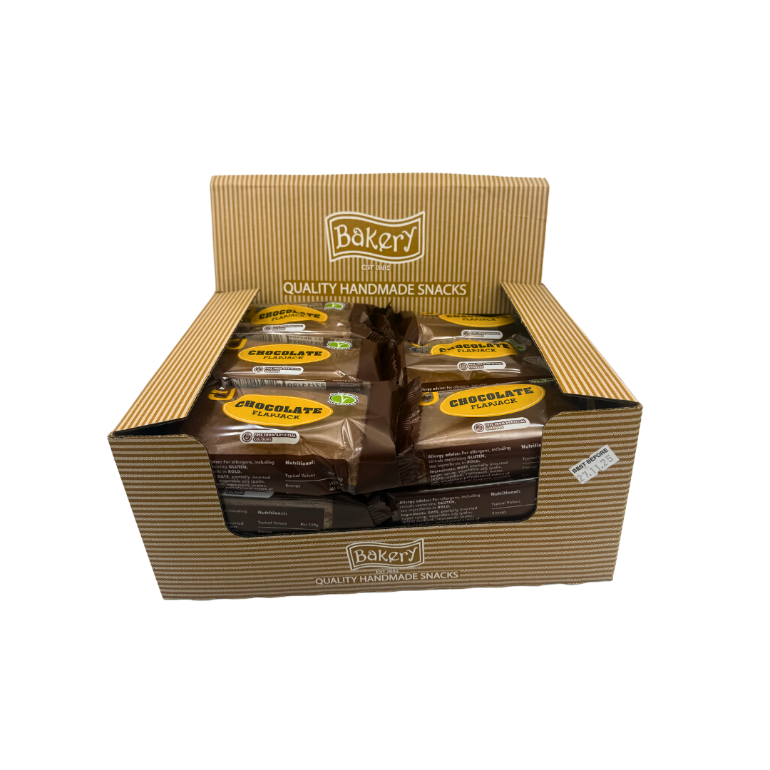 Single unwrapped RJ Chocolate Flapjack 125g showing chocolate coating and oat base