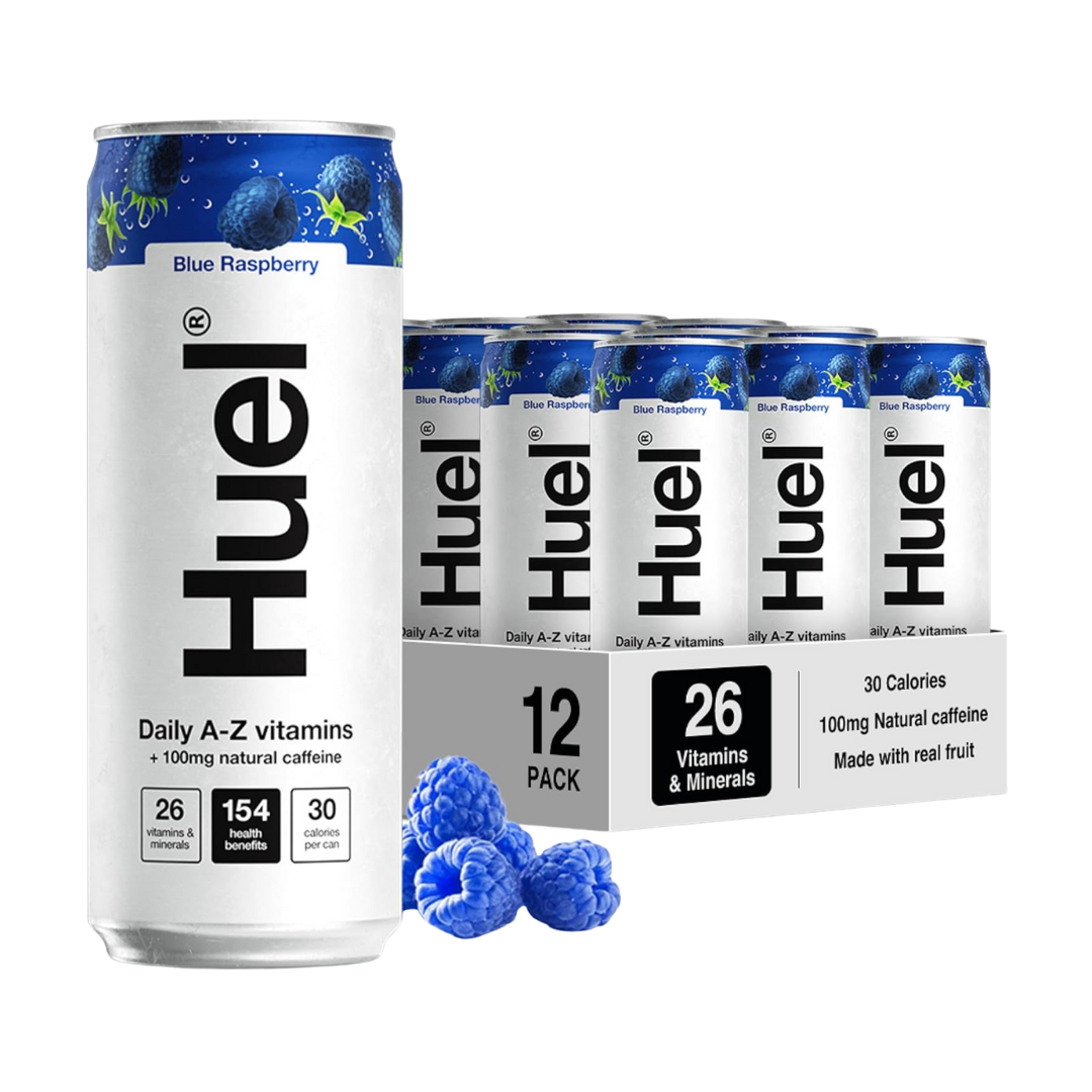 Huel Blue Raspberry Daily A-Z Vitamins Energy Drink can on a white background