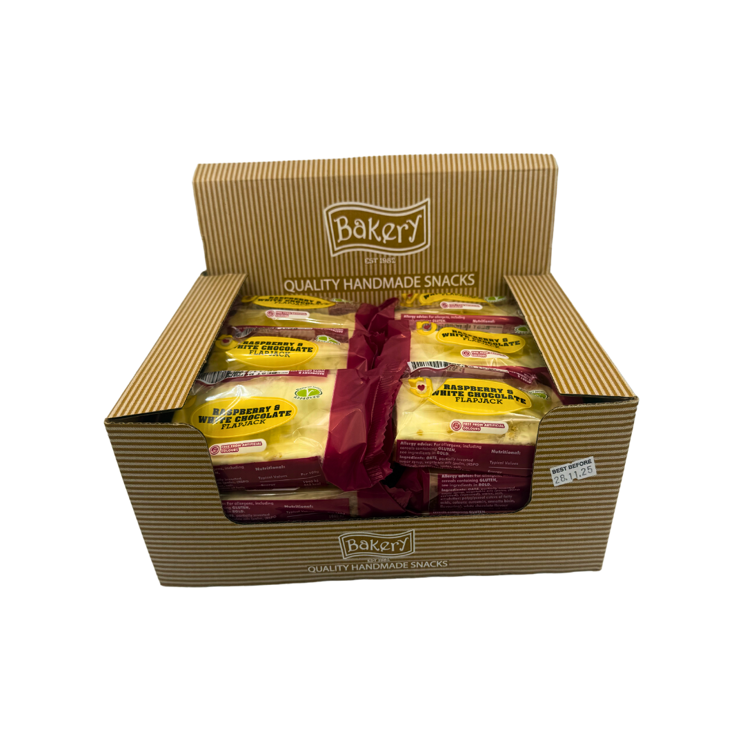 Single RJ Raspberry & White Chocolate Flapjack unwrapped showing raspberry bits and white chocolate drizzle