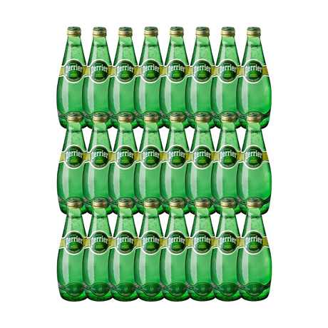 Twenty-four 330 ml Perrier glass bottles lined up on a white background