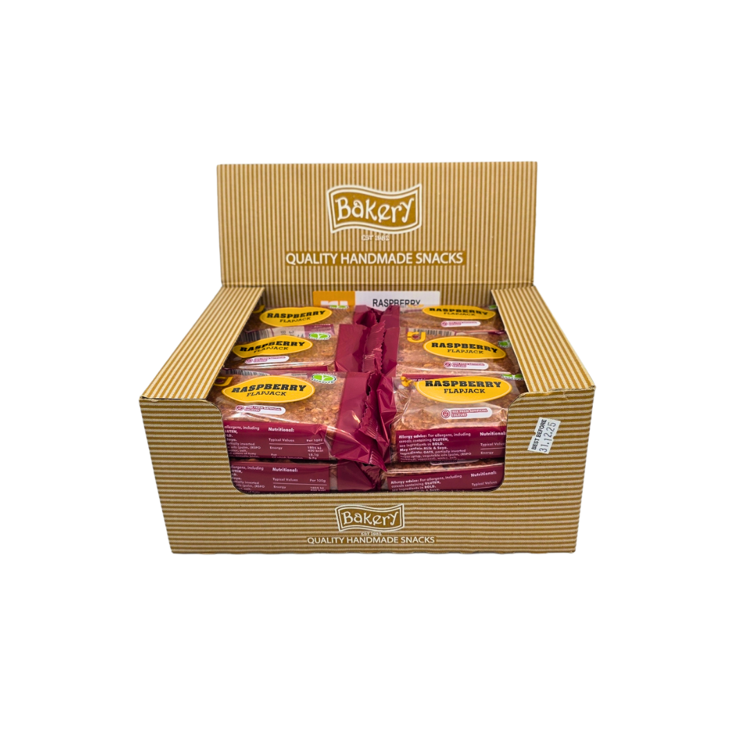 Unwrapped RJ Raspberry Flavour Flapjack Bar showing visible raspberry pieces