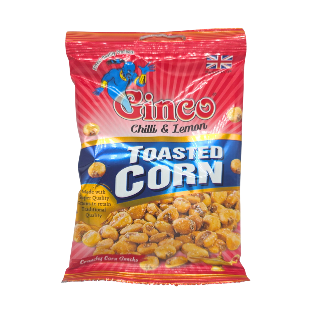 Bag of Ginco Chilli & Lemon Toasted Corn with roasted kernels spilling onto a table